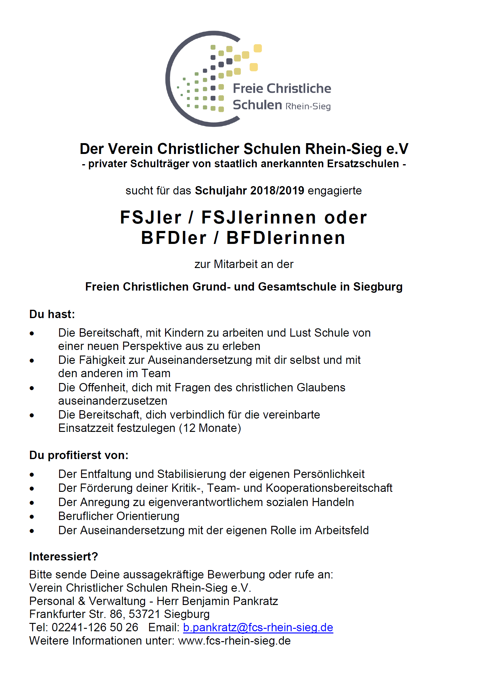 FSJ / BFD an den Christlichen Schulen
